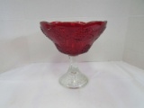 Ruby Glass/Clear Stem Base Raised Bowl w/ Leaf/Grape Motif
