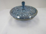 Blue Iridescent Wide Center Bowl w/ Hobnail/Oval Cut Motif