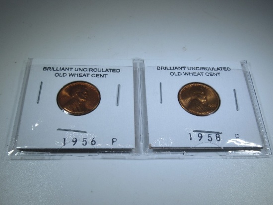 2 Brilliant Uncirculated Old Wheat Cents 1956-P, 1958-P