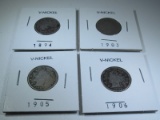 4 V-Nickels 1894, 1903, 1905, 1906