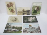 7 Antique 1907/08 Postcards, 4 w/ Green 1902 Series Benjamin Franklin Stamps