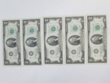 Five 1976 $2 Notes Green Stamp Seal