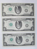 Three 1976 $2 Notes Green Stamp Seal