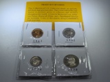 4 Proof Set Coins One Cent 1961, Five Cents 1962, One Dime 1974-S, Quarter 1988-S