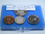4 Piece Set - 1963 Five Cents, 1964 Silver Dime, 1964 Lincoln Cent, 1979 Quarter