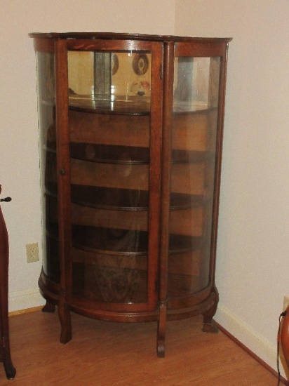 Traditional Tiger Oak Bow Front China Curio Cabinet Features Curved Glass, Demi-Columns