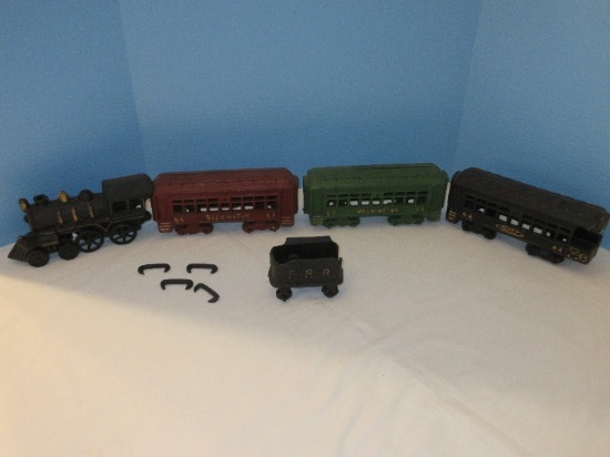 5 Piece - Cast Iron Locomotive Train Engine w/ P.R.R. Tender Car, Green Passenger Car