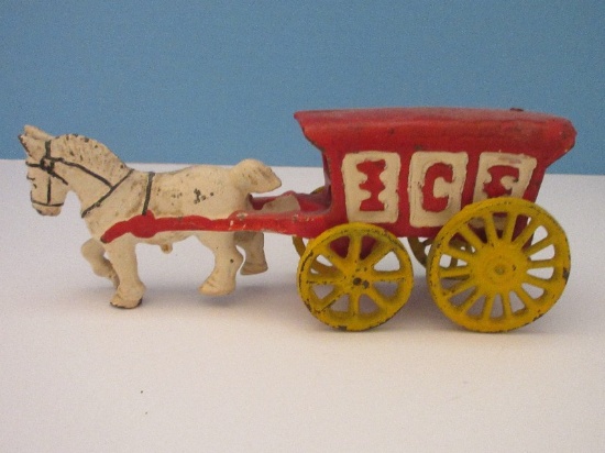 Cast Iron Ice Wagon Horse Drawn Toy Red w/ Yellow Wheels & White Horse
