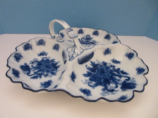 Porcelain Replica Flow Blue Floral Design Large 3 Part Nappy Serving Dish