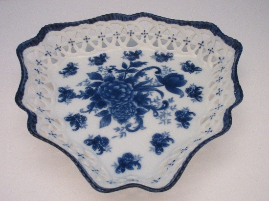 Porcelain Replica Flow Blue Floral Design Dish w/ Reticulated Gallery