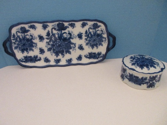 3 Piece - Porcelain Replica Flow Blue Floral Design Handled Rectangular Dresser Vanity Tray