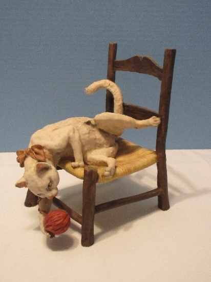 Rare Find Capodimonte Porcelain Statuette Cat on Chair w/ Ball of Yarn