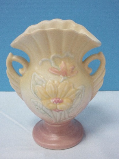 Hull Art Pottery Magnolia Pattern 6 1/2" Double Handle Fan Vase Matte Finish