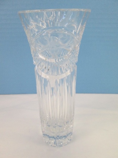 Stunning Etched Flower Lead Crystal 7 1/4" Bud Vase Flared Rim Swag Cut Vertical Design