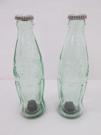 Rare Find Advertising Novelty Coca-Cola Green Glass 4 1/2" Pair Bottles Salt & Pepper Shakers