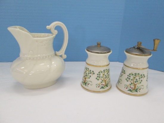 3 Pieces - Lenox China Pair Shakers Tree Floral Base Pattern Gold Trim 4" Salt/4" Pepper Mill