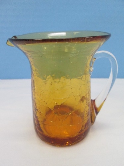 Amber Crackle Glass Hand Blown 3 1/2" Pitcher Flared & Clear Applied Handle