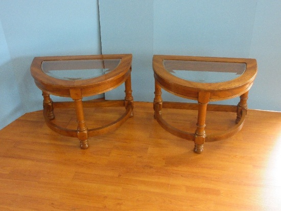 Pair - Oak Diminutive Half Moon Accent Side Tables Beveled Glass Inserts