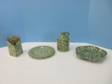 Collection 4 Pieces - Green Spongeware Stoneware Scalloped Dish 7 3/4