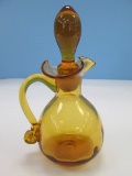 Studio Art Glass Amber Hand Blown Cruet w/ Finial Stopper & Applied Scroll Handle