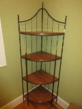 Resplendent Charleston Forge Corner Bakers Rack Curved Oak Shelves w/ Finial Accents