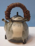 Unique Artisan Pottery 3 Toed Teapot w/ Woven Vine Arched Handle Ombre Drip Glaze Finish