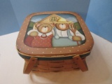 Hand Crafted Picnic Basket w/ Insert, Double Handles & American Gothic Bears