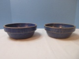 Pair - Clay City Pottery Stoneware Crock/Shallow Mixing Bowls Blue Glaze Picket Fence Pattern