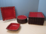 22 Pieces - Roscher Stoneware Collection Hobnail Pattern Red/Black Square Dinnerware
