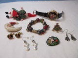 Christmas Jewelry Collection Shimmering Santa Wrist Watch, Santa Pins, Jingle Bell Bracelet