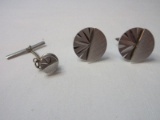3 Piece Set - Mens Modern Design Sterling Pair Cuff Links Matching Tie Tack Pin