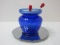 Scarce Find Art Deco Style Cobalt Blue Depression Glass Condiment Set 3 5/8