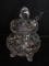 Exquisite Lead Crystal Jam/Jelly Jar & Slotted Lid w/ Glass Spoon On Applied Scrolled Feet