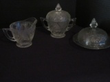 5 Pieces - Jeanette Clear Depression Glass Iris & Herringbone Pattern Round Butter Dish