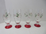 Set - 4 Pflatzgraff Winterberry Pattern 12oz. Red Footed Hand Painted Glassware Highball