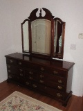 Impressive Webb Furniture Cherry Triple Dresser w/ Attached Trifold Beveled Mirror