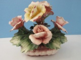 Italian Capodimonte Porcelain Floral Bouquet in Basket Hand Crafted/Painted