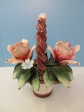 Italian Capodimonte Porcelain Flower Basket w/ Braided Handle Hand Crafted