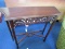 Wooden Entry Table w/ Pierced/Floral Design Skirting, Half-Moon Stretcher