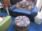 Blue Stripe Upholstered 2 Seat Sofa Scroll/Tulip Motif w/ Colorful Rose Cover