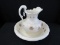 Ceramic White Washbowl w/ Water Pitcher Colorful Floral Motif/Scallop Rim
