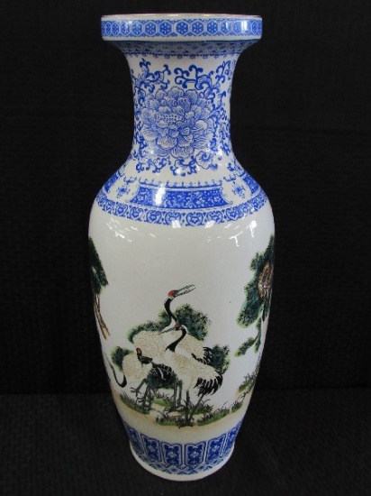 Large Asian Motif Crane Pattern Design Ornate Blue Band Tall Urn Vase
