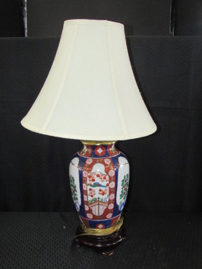 Vintage Hand Painted Asian Floral Pattern Urn Vase Converted to Lamp Wood Base w/ Shade