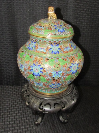 Very Awesome Enamel Urn Jar Ornate Colorful Floral/Scroll Pattern w/ Food-Dog Handle Lid
