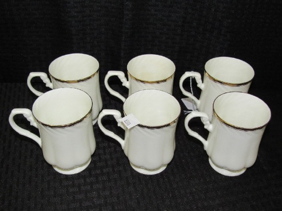 6 Marshall Field Tall White China Mugs w/ Gilt Trim