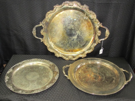 3 Large Silverplate Platters 1 E.S.C. Plate 13 3/4" D, 1 Oneida 18" w/ Handles