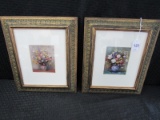 Pair - Colorful Floral Bouquet Picture Prints in Acanthus Gilted Leaf Wood Frame/Matt