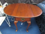Round Drop Leaf Wooden Side Table Curved to Pad Feet, 1 Dovetailed Drawer