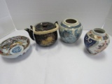 4 Ceramic Asian Design Pieces Gilted Bowl, Gilted/Black Teapot