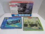 3 Vintage Plastic Model Kits F6 F-5 Hellcat, German Navy Bunker, Ertl Bell Oh-58 Kiowa